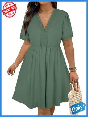 Plus Size Lace V Neck Mini Dress Short Sleeve A Line Flowy Summer Maternity